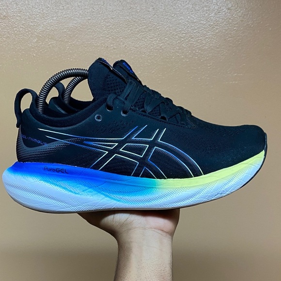 ASICS GEL-NIMBUS 25 Men's Running Sneakers Black Blue Glow Yellow Size 8.5 Wide - Picture 1 of 17